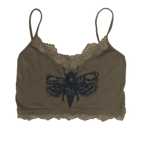 Y2K Style Olive Lace Fairy Grunge Whimsigoth Camisole Crop Top Tank / S/M - Picture 3 of 5